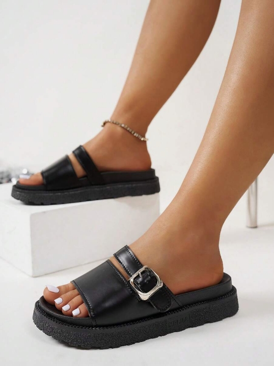 Leopard Print Thick Bottom Soft Bottom Buckle Decorated Open Toe Flat Sandals