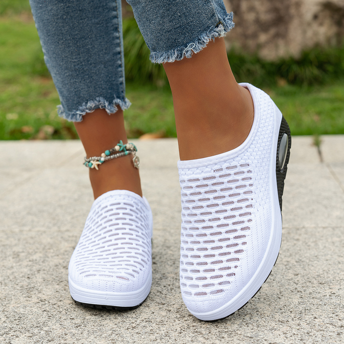  Hands-Free Slip-On Sneakers - Lightweight Knit Upper, EVA Cushioned Sole, Breathable Casual Walking Shoes in Blue with Mesh Pattern