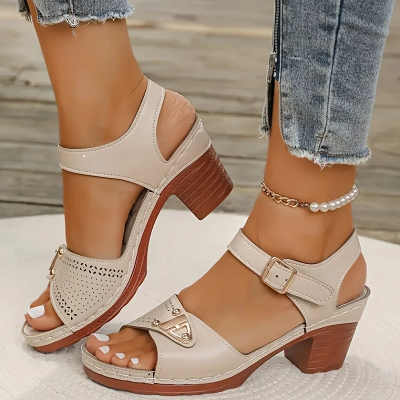 Women'S orthopedic Wedge Shoes - Peep Toe, Synthetic Upper with Golden Buckle shoes