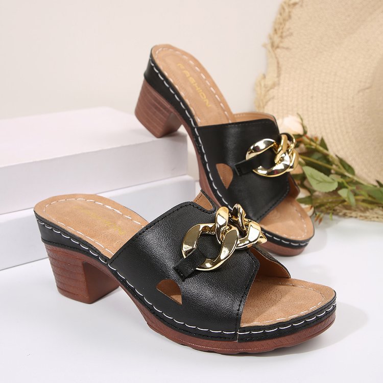 Summer Women's Heeled Slides - Comfortable Orthopedic Slippers with Cushioned Arch Support, Non-Slip Rubber Sole & Adjustable Strap for Indoor/Outdoor, Beach, Casual Wear