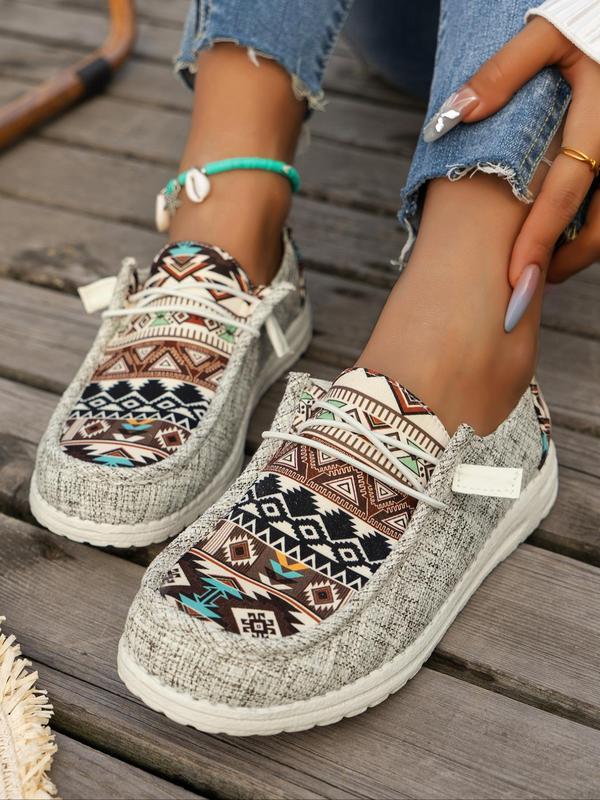Women's Summer Fashionable Ethnic Pattern Lace Up Front Running Orthopedic Canvas Shoes