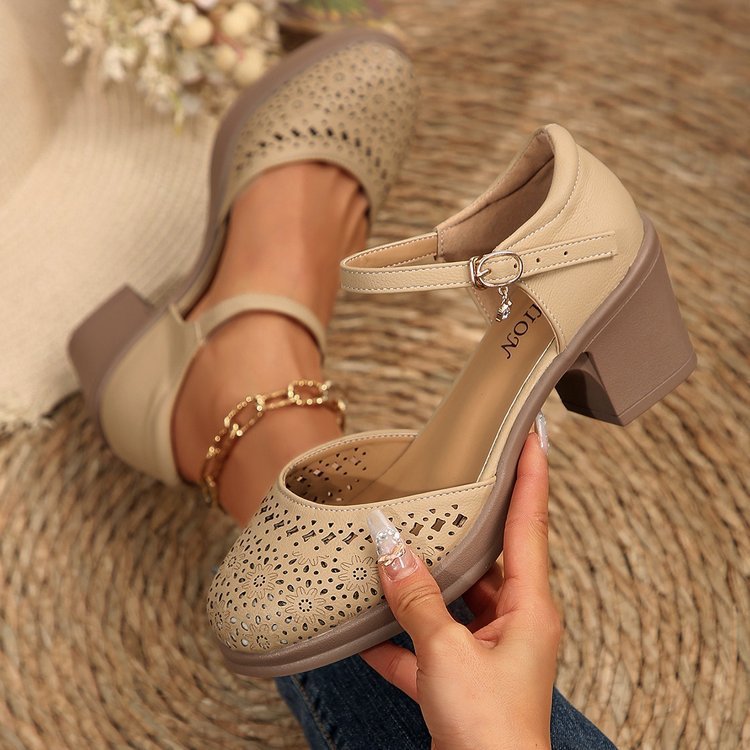 Women's Fashionable Solid Color Hollow Out Design Mary Janes Pumps Sandals
