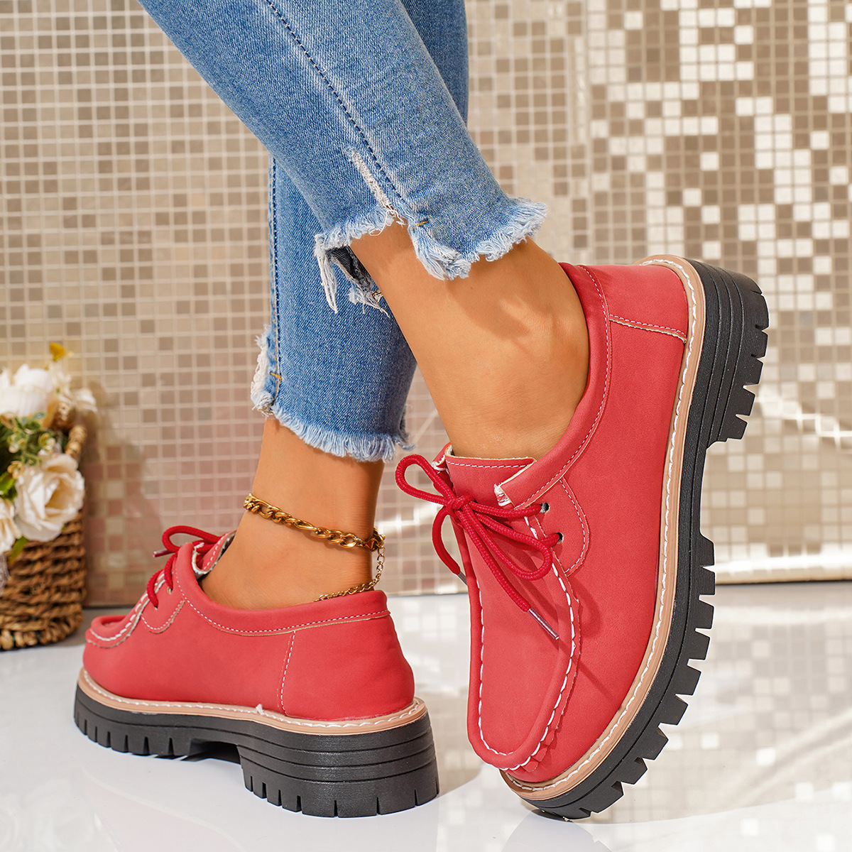 Women's new round toe lace-up casual loafers