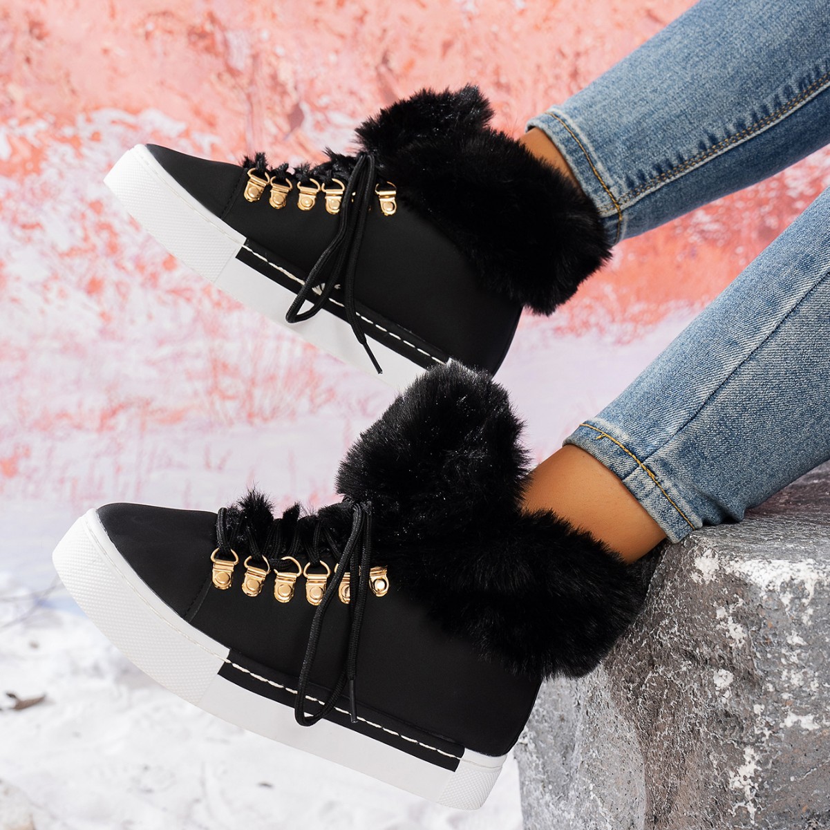 New Style Women's Solid Color Lace Up Ankle Boots Casual Warm Plush Design Boots for Fall & Winter