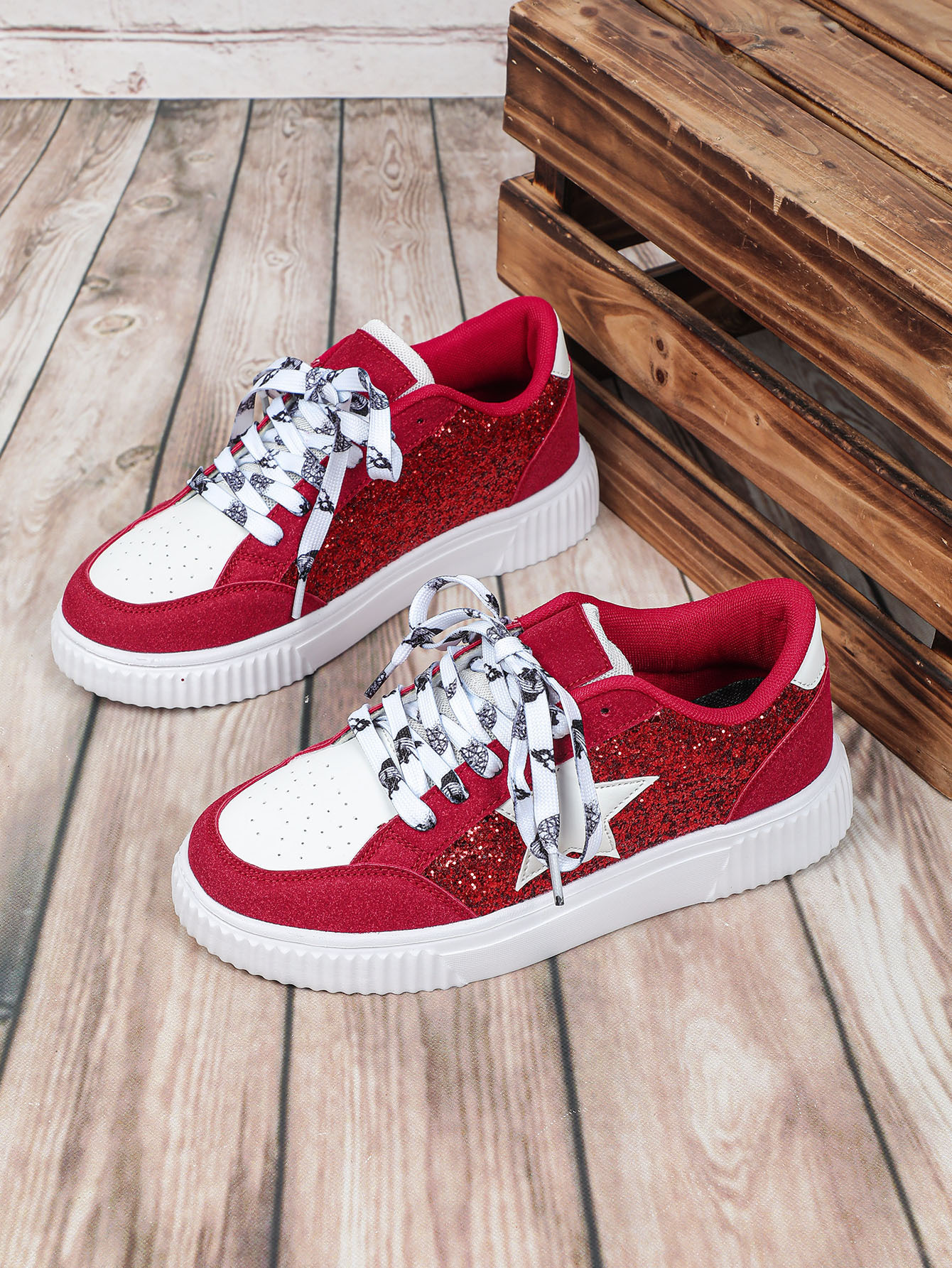 White and Black Star Pattern Lace Up Low Top Orthopedic Sneakers