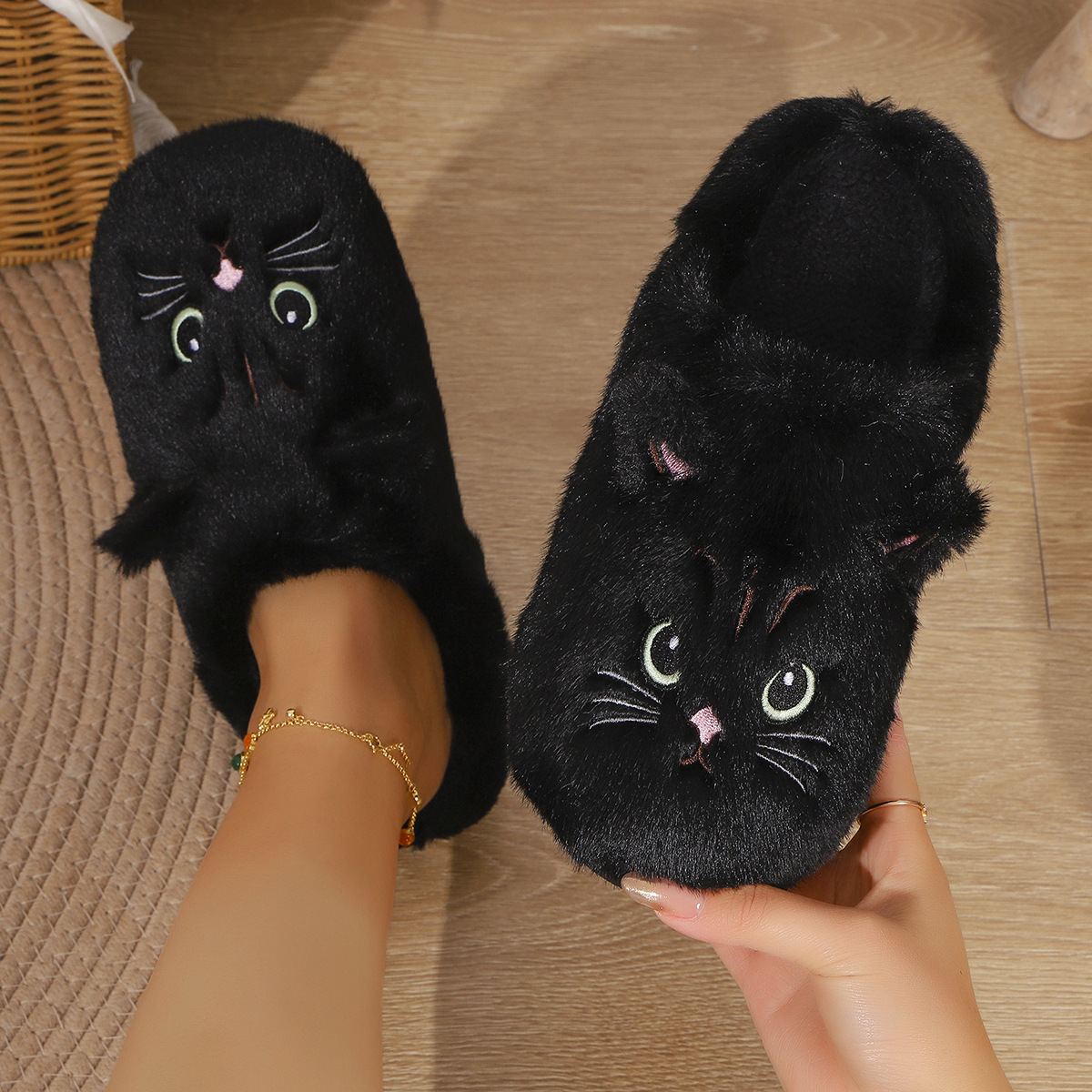 Women's cute cat plush non-slip warm cotton slippers