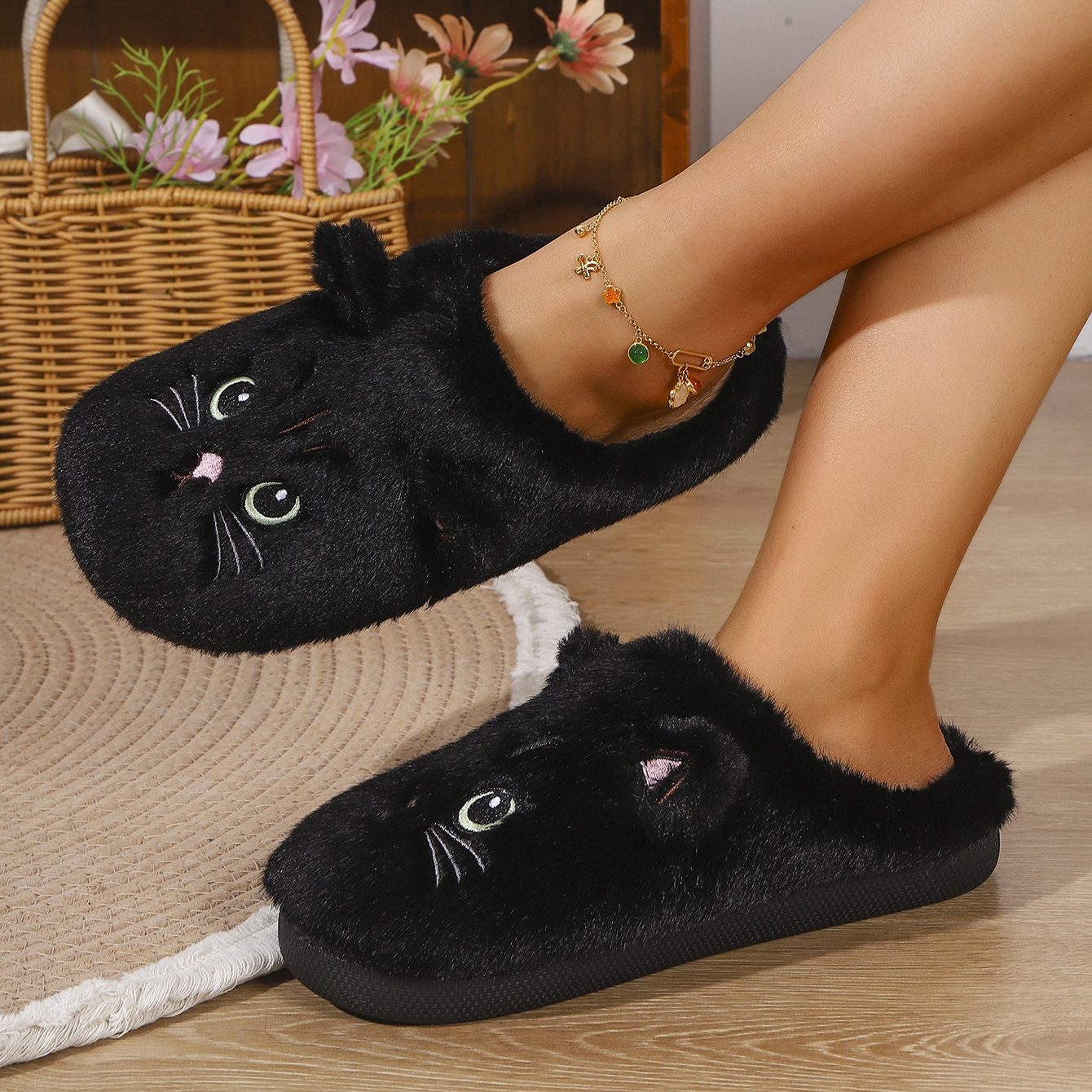Women's cute cat plush non-slip warm cotton slippers