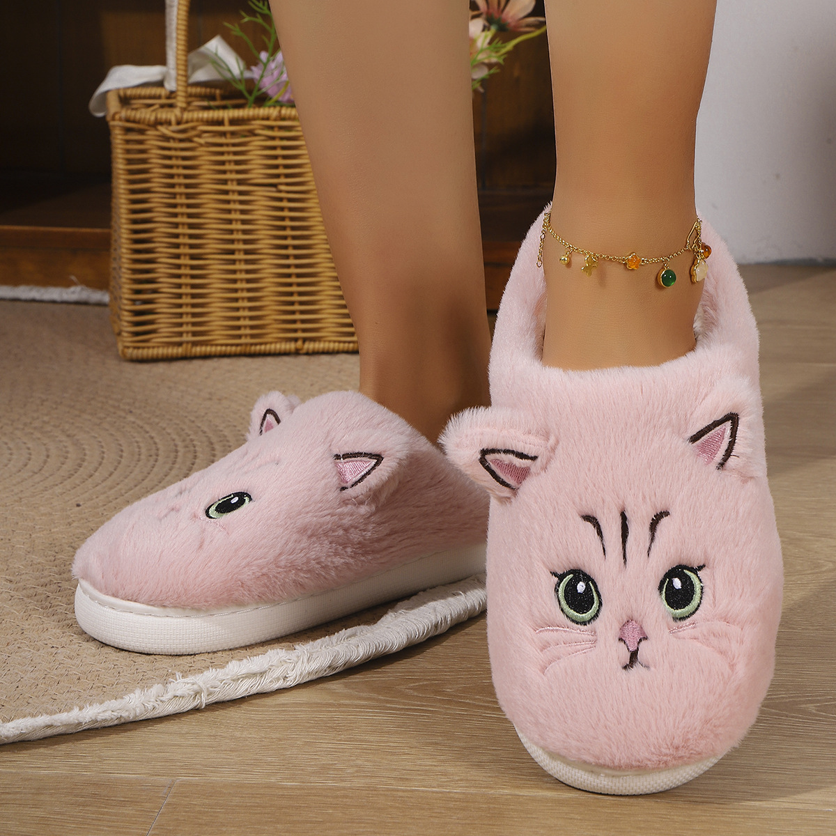 Women's cute cat plush non-slip warm cotton slippers
