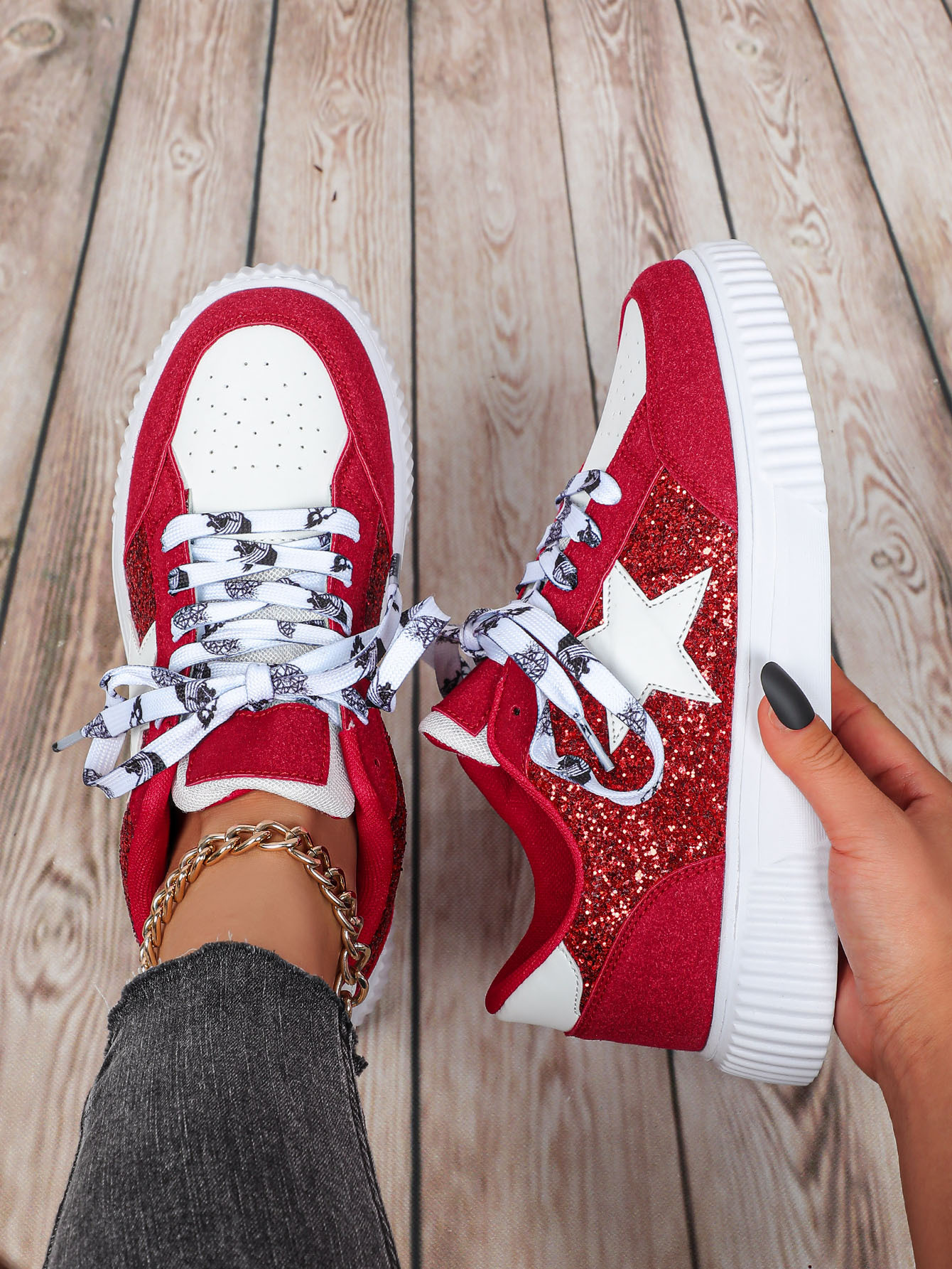 White and Black Star Pattern Lace Up Low Top Orthopedic Sneakers