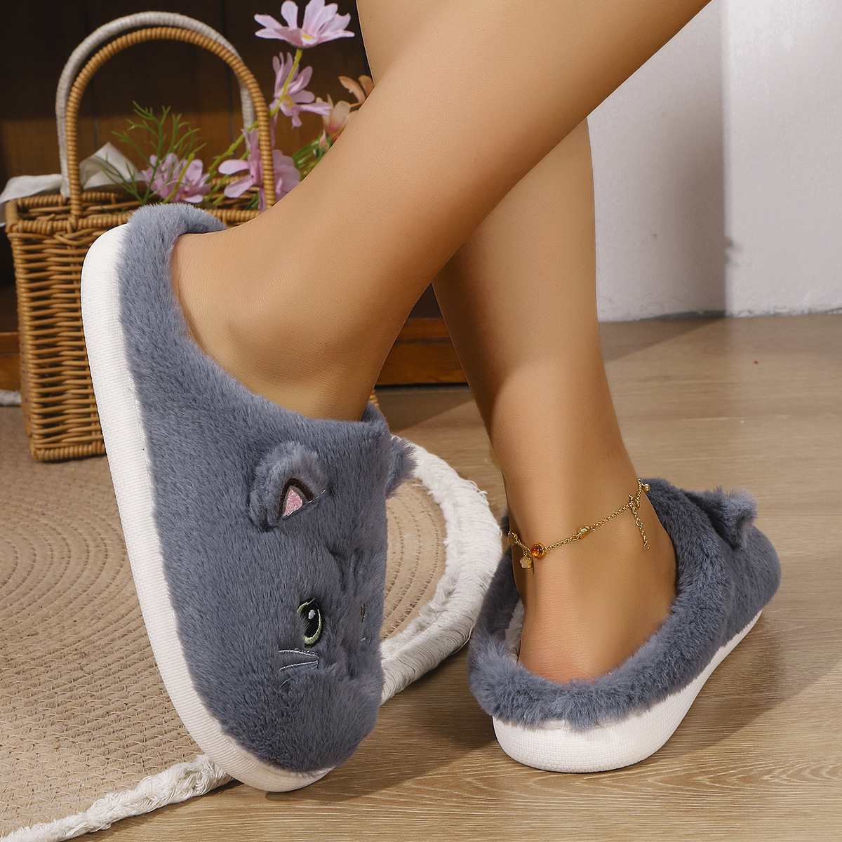 Women's cute cat plush non-slip warm cotton slippers