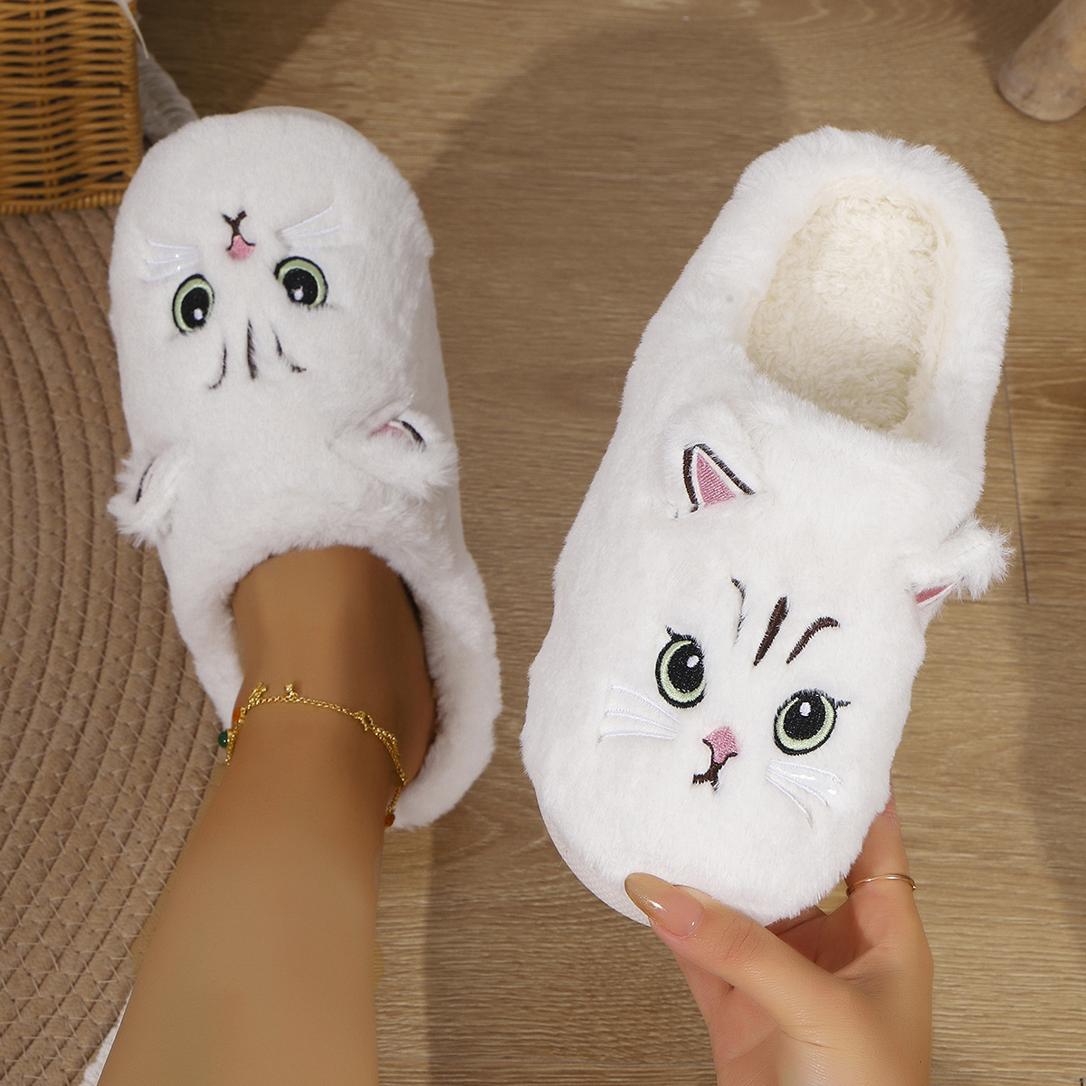 Women's cute cat plush non-slip warm cotton slippers