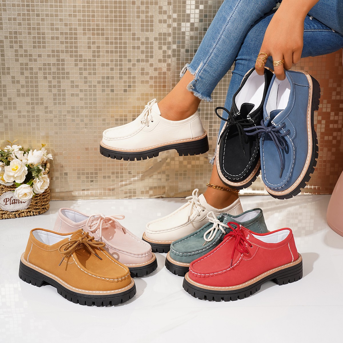 Women's new round toe lace-up casual loafers