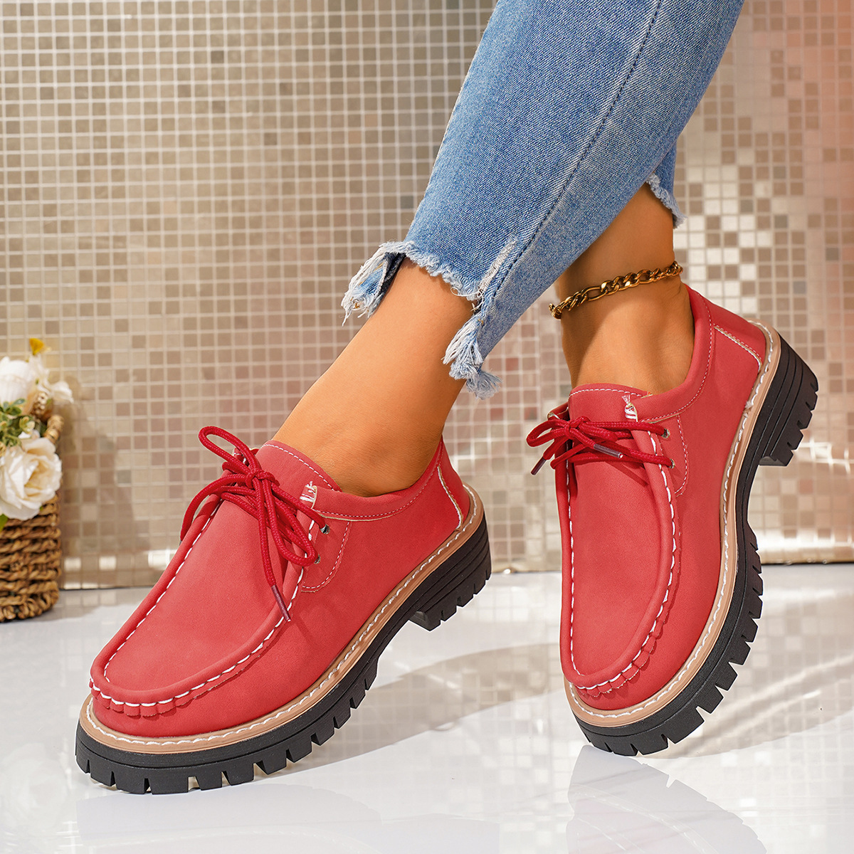 Women's new round toe lace-up casual loafers