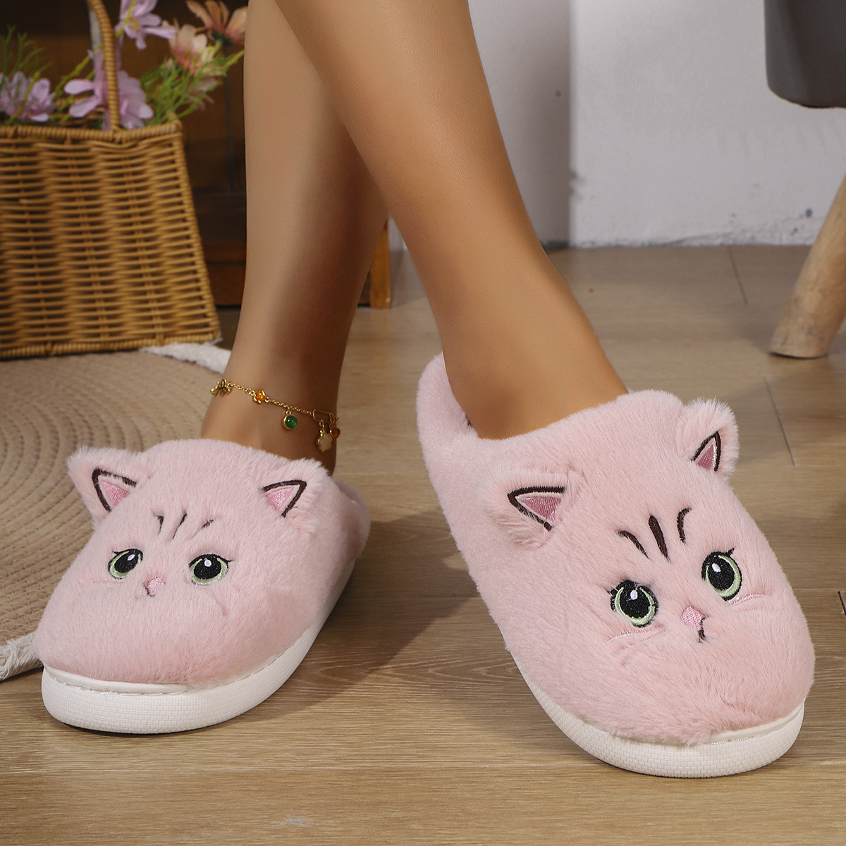 Women's cute cat plush non-slip warm cotton slippers