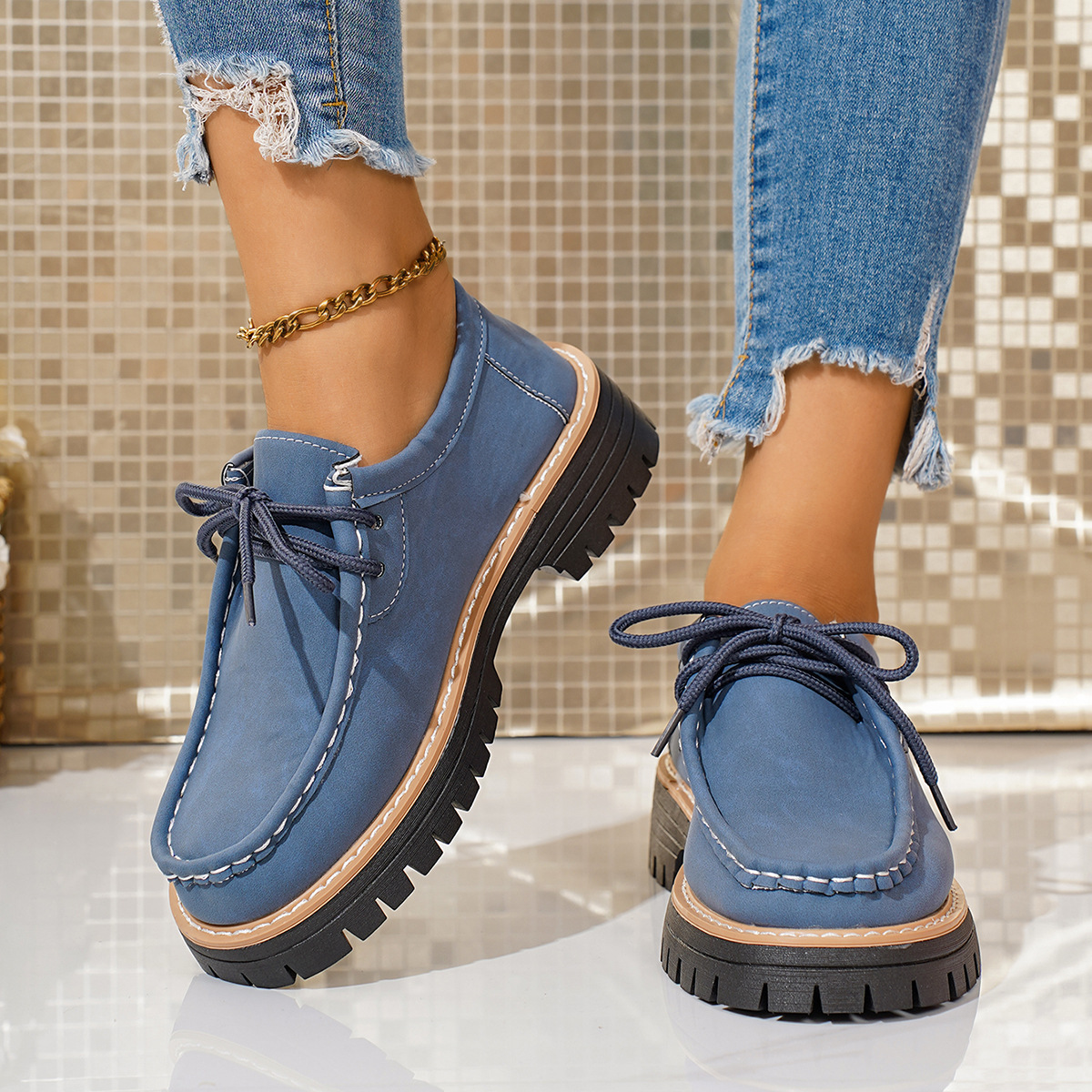 Women's new round toe lace-up casual loafers