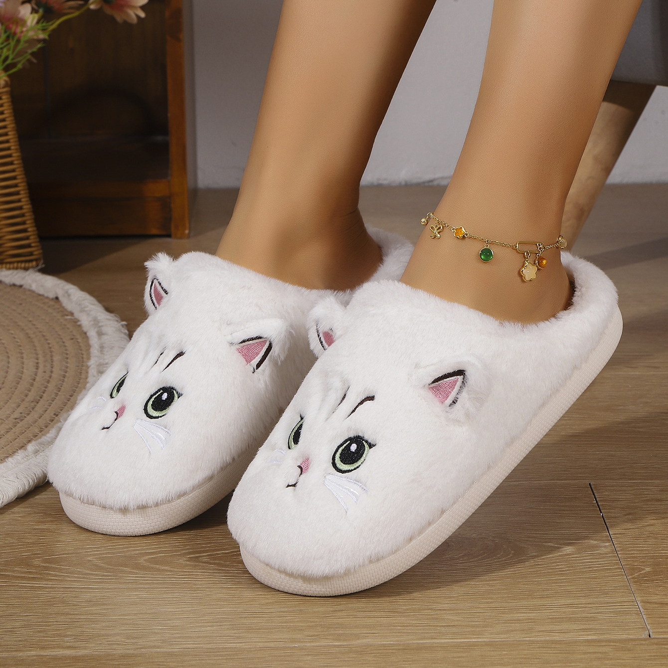 Women's cute cat plush non-slip warm cotton slippers