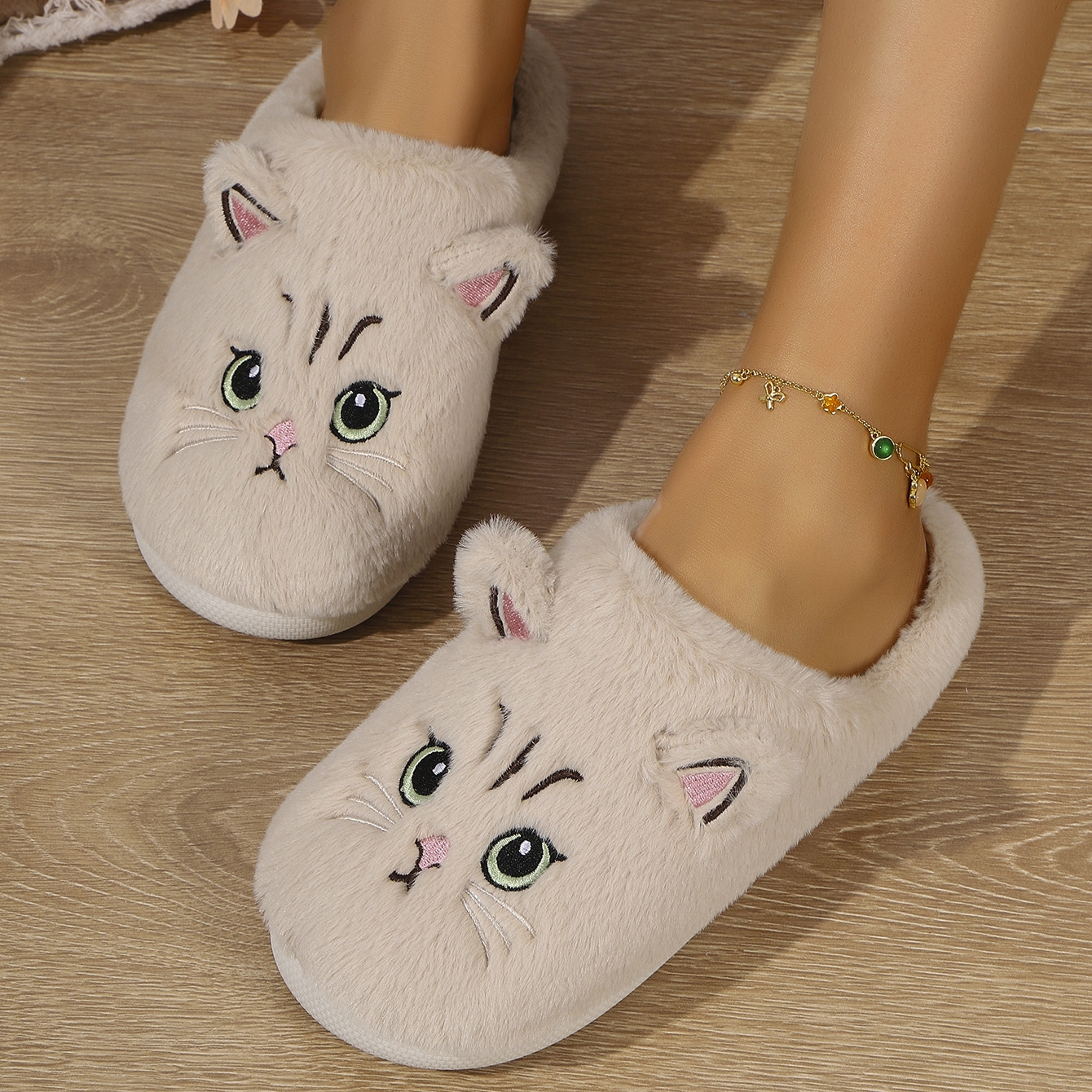 Women's cute cat plush non-slip warm cotton slippers