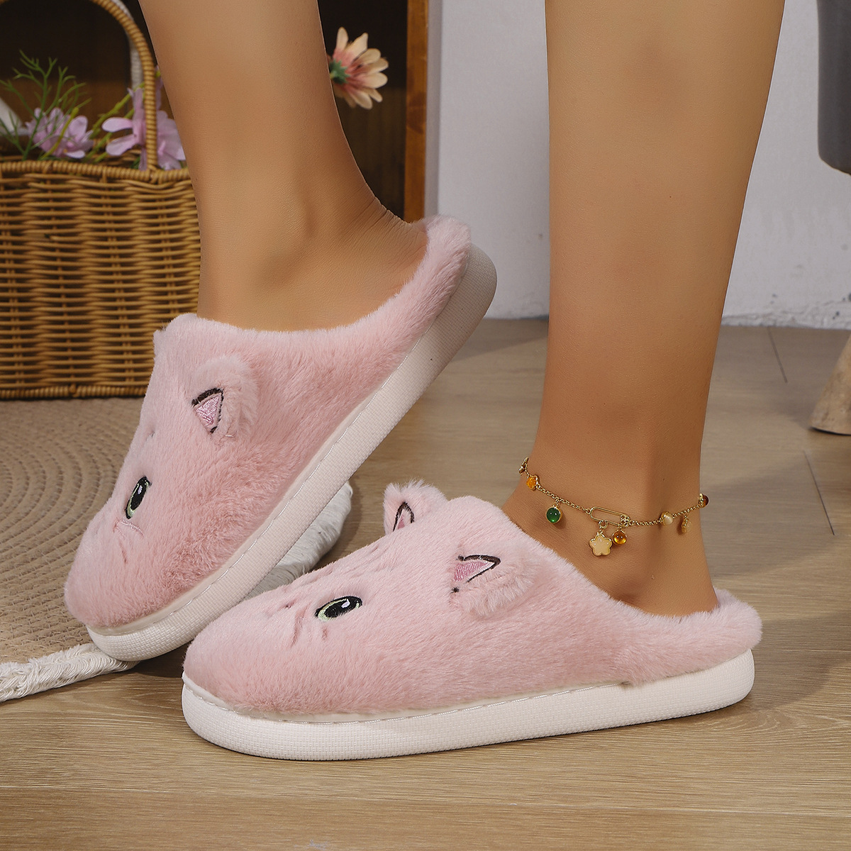 Women's cute cat plush non-slip warm cotton slippers
