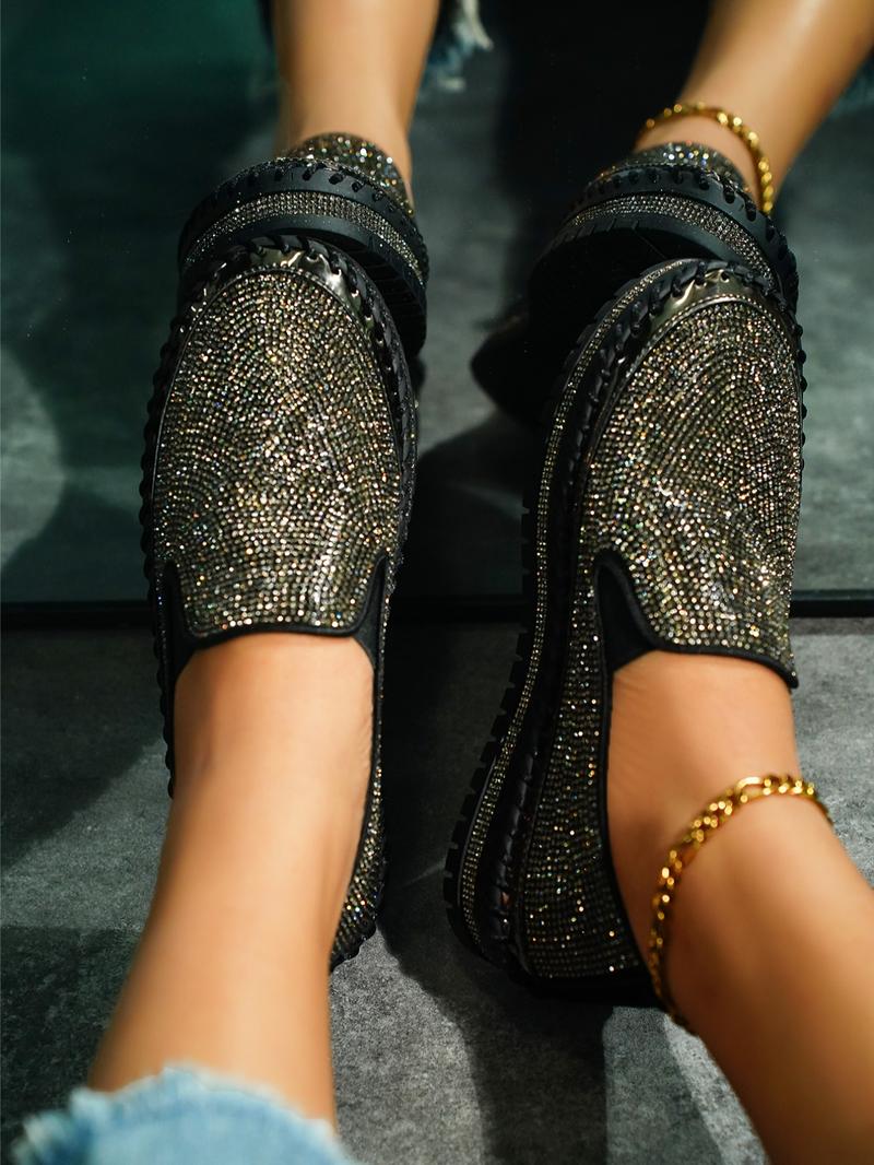 Women's Fashionable Glitter Rhinestone Decorated Slip on Loafers Casual Comfortable Low Top Shoes 