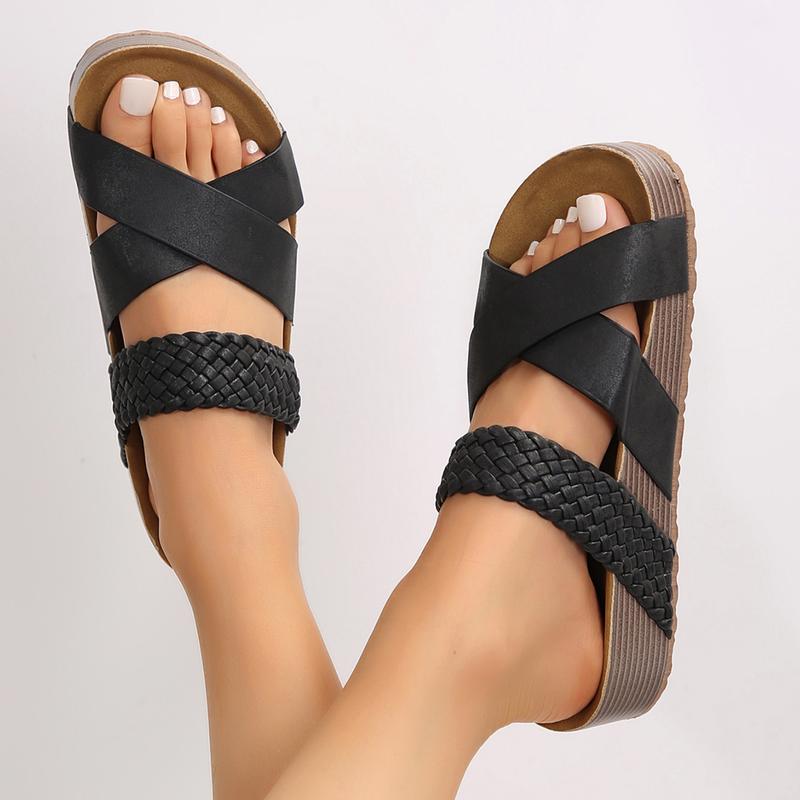 Women Sandals Beach Sandals Slip-On Rubber Sole Thick Bottom Braided Cross Casual Solid Color Slippers