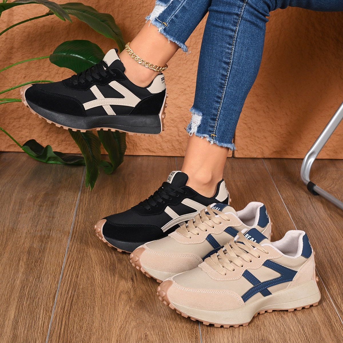 Women's Sporty Thick Sole Low-Top Shoes, Fashion Casual Breathable Round Toe Lace-Up Shoes
