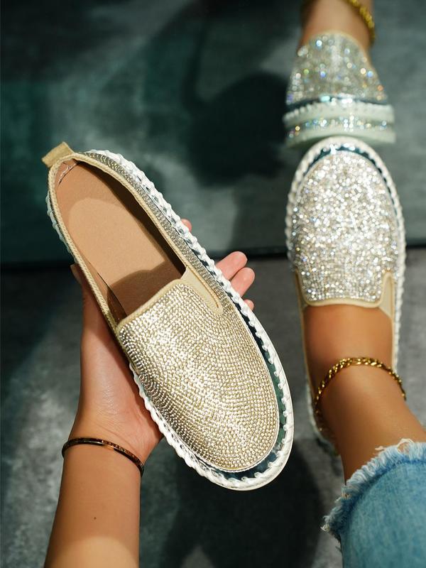 Women's Fashionable Glitter Rhinestone Decorated Slip on Loafers Casual Comfortable Low Top Shoes 
