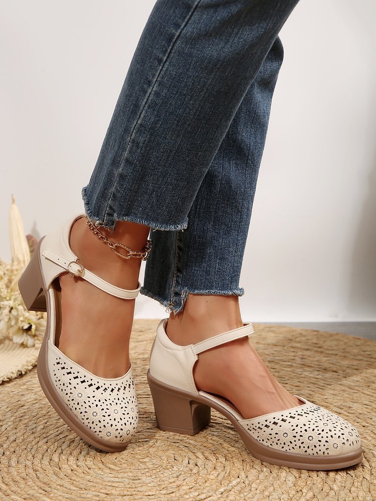 Women's Fashionable Solid Color Hollow Out Design Mary Janes Pumps Sandals