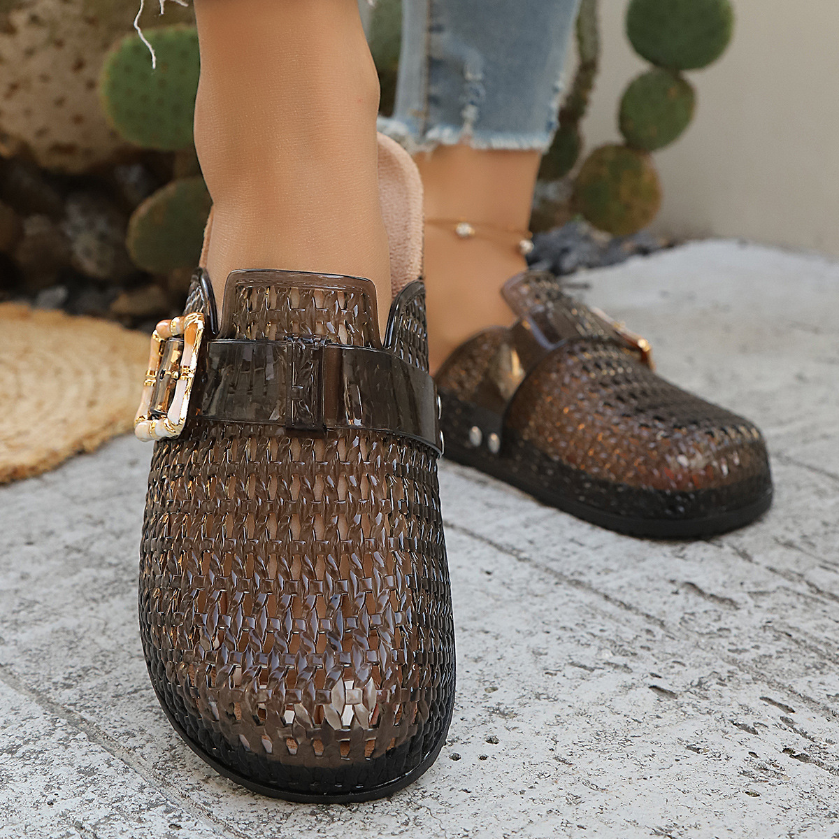 Women's Pearl Sequin Hollow Out Woven Mule Sandals, Casual Breathable Design Slip On Mules, Shoes Mules