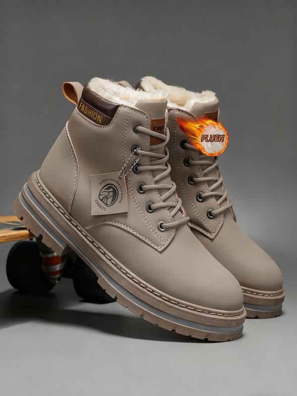 Men's Plain Color British Style Mid-Calf Boots, Fleece Lined Warm, Fashionable Outdoor & Daily Wear, Sporty PU Material, Fall&winter