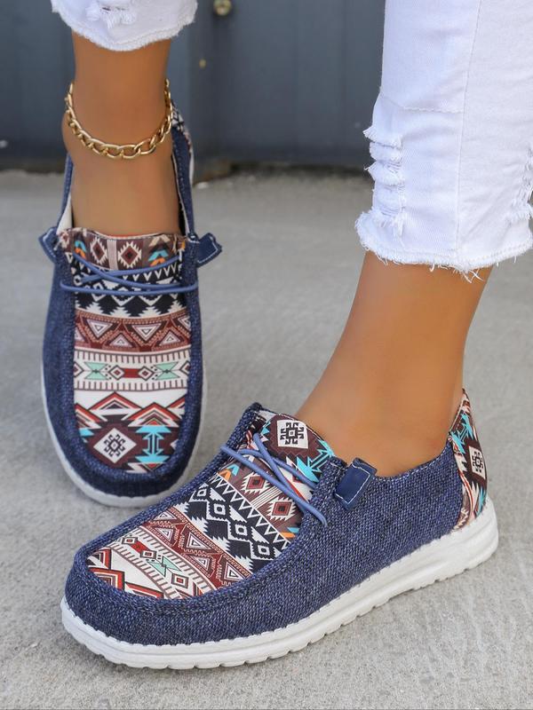 Women's Summer Fashionable Ethnic Pattern Lace Up Front Running Orthopedic Canvas Shoes