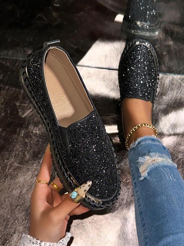 Women's Fashionable Glitter Rhinestone Decorated Slip on Loafers Casual Comfortable Low Top Shoes 