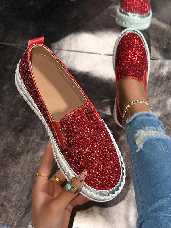 Women's Fashionable Glitter Rhinestone Decorated Slip on Loafers Casual Comfortable Low Top Shoes 