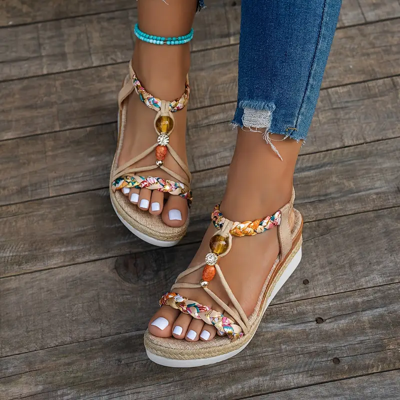 Bohemian Wedge Heeled Women's Sandals - Fashionable Casual with Hand-Woven Multicolored Elastic Bands and Open-Toe Design for Beach Wear