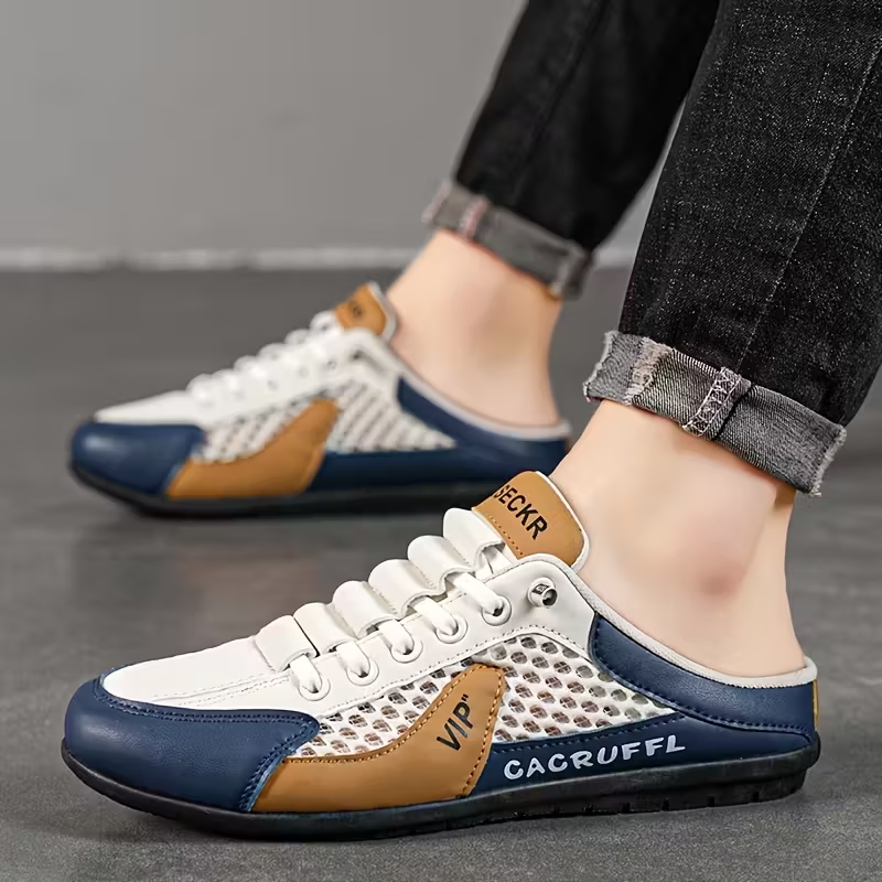 Men's Stylish Slip-On Sneakers - Breathable Fabric, Comfortable PVC Sole, Casual & Sporty Design with Blue & Beige Accents for Outdoor, Daily Wear & Vacation