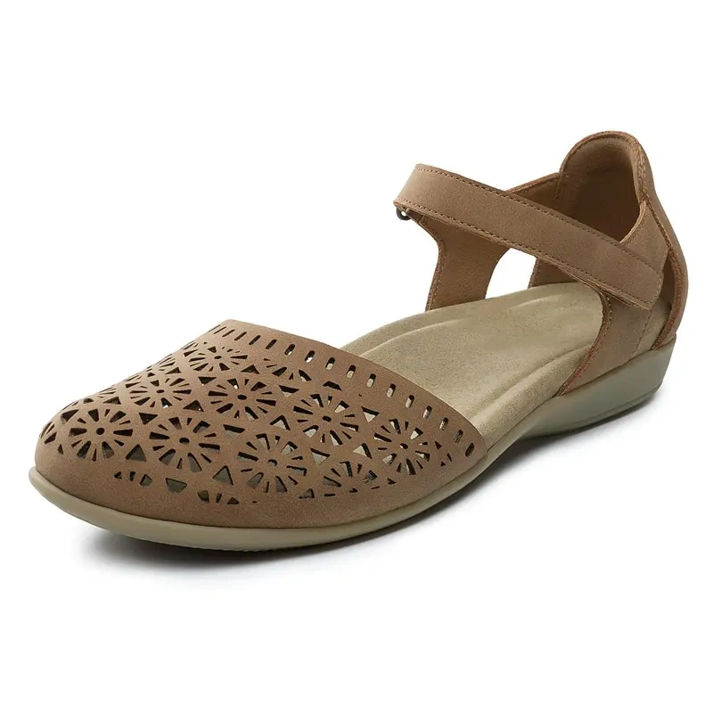 Women's Orthopedic Closed-Toe Flat Sandals - Elegant Classy Sandals with Breathable Hollow-Out Design, Comfy Arch Support, Adjustable Strap, Non-Slip Sole 