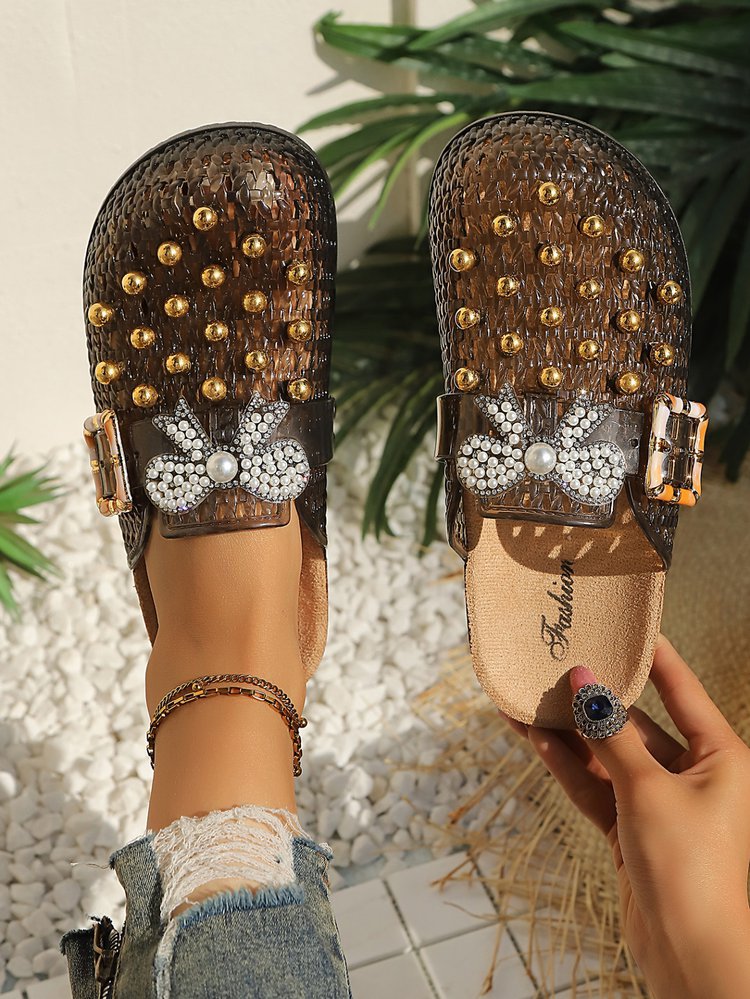 Women's Pearl Sequin Hollow Out Woven Mule Sandals, Casual Breathable Design Slip On Mules, Shoes Mules