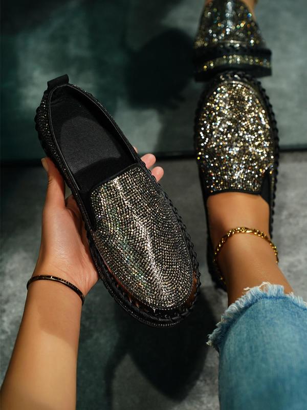 Women's Fashionable Glitter Rhinestone Decorated Slip on Loafers Casual Comfortable Low Top Shoes 