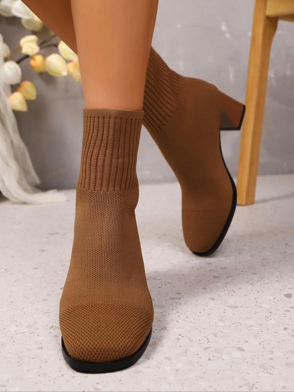 Women's Fashion Knit Solid Color Short Boots, Comfortable Elegant Chunky Heel Slip-On Ankle Boots, Versatile Square Toe Casual Socks Boots