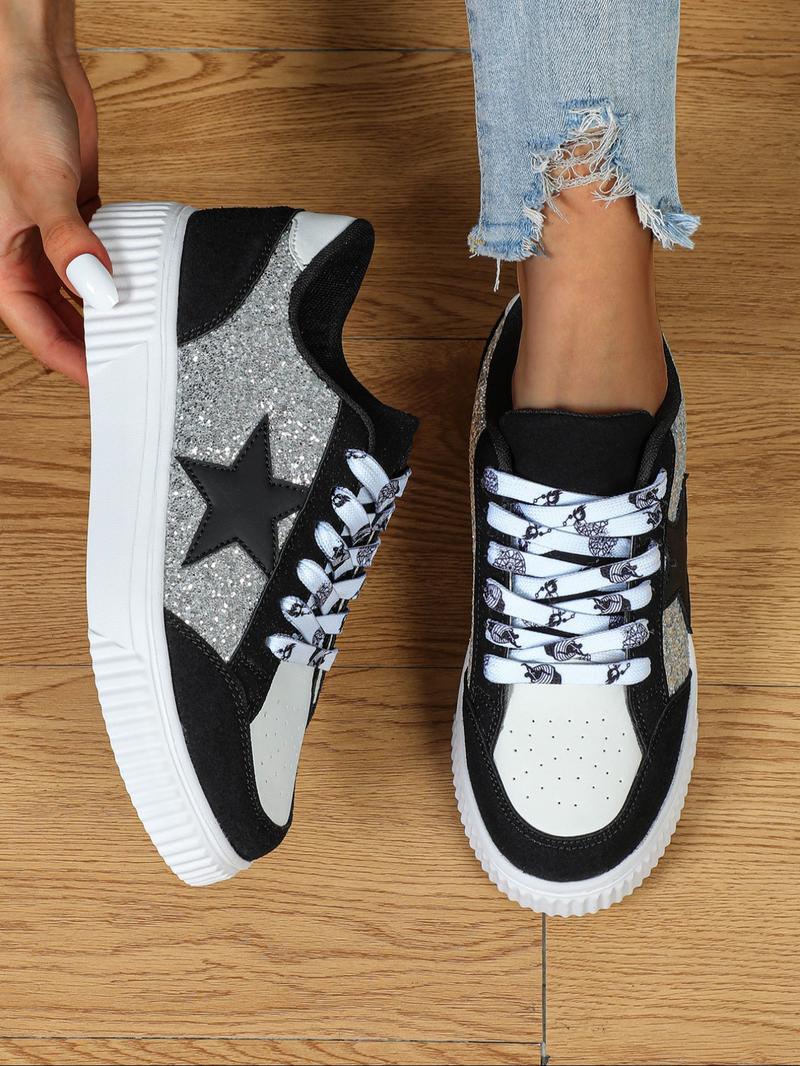 White and Black Star Pattern Lace Up Low Top Orthopedic Sneakers