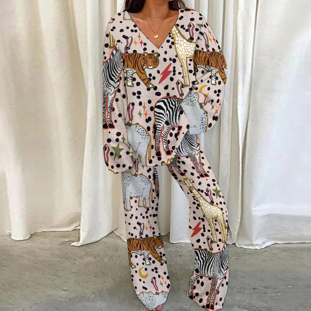Women's Brown Polka Dot Animal Print Home Long Sleeve Suit
