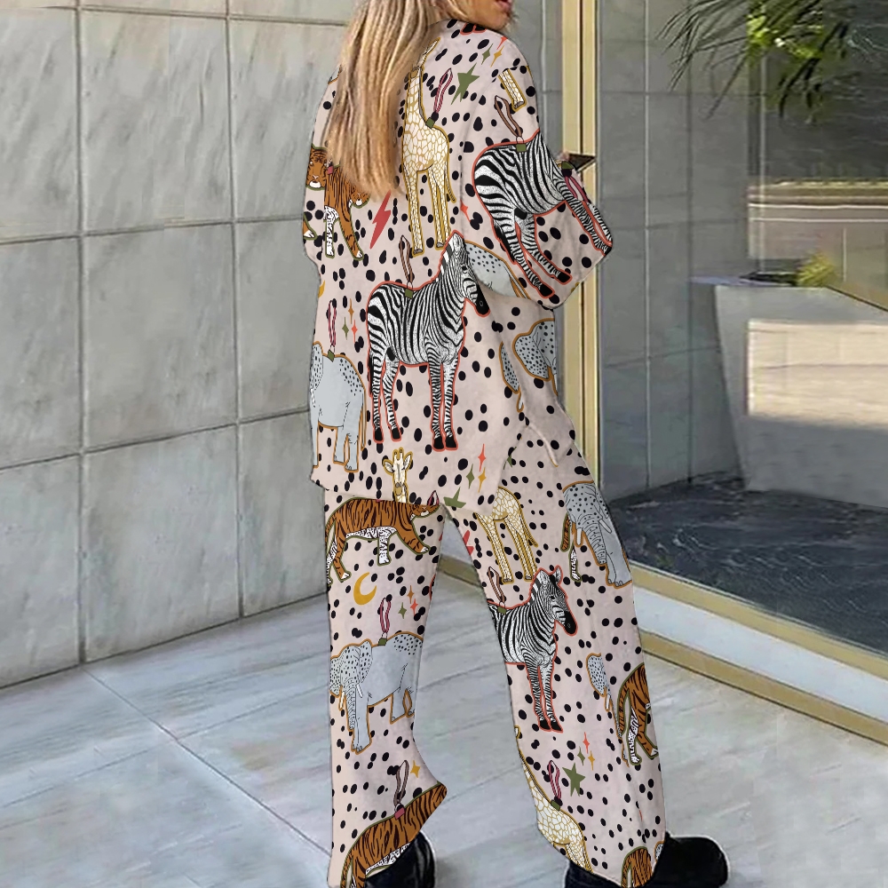 Women's Brown Polka Dot Animal Print Home Long Sleeve Suit