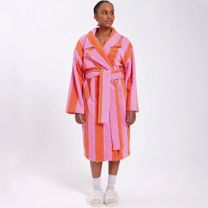 Flannel Stripe Long Dressing Gown Robe - Pink