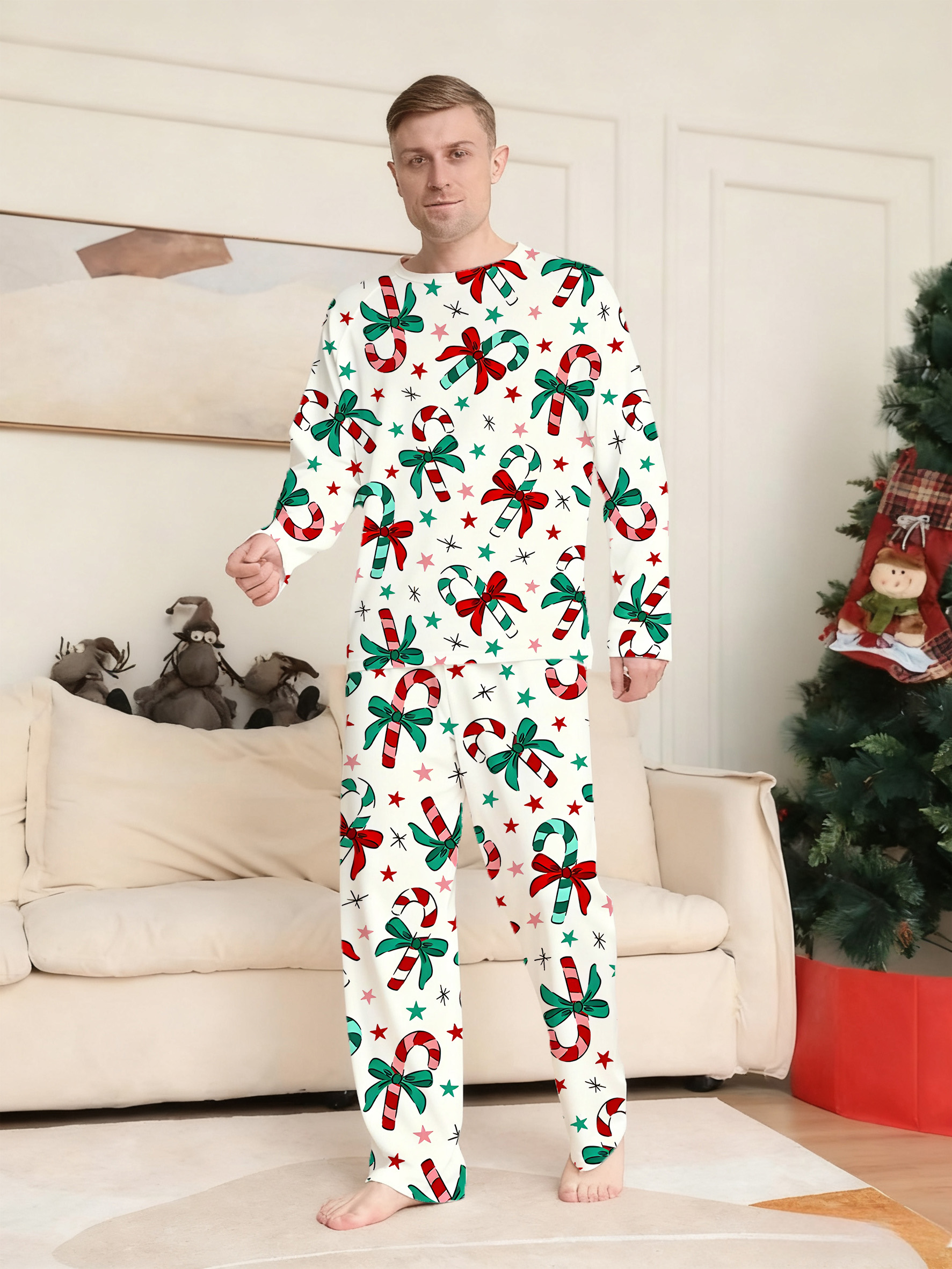 Red and Green Candy Cane Bow Family Matching Pajama Sets