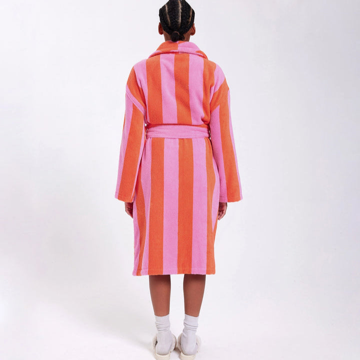 Flannel Stripe Long Dressing Gown Robe - Pink
