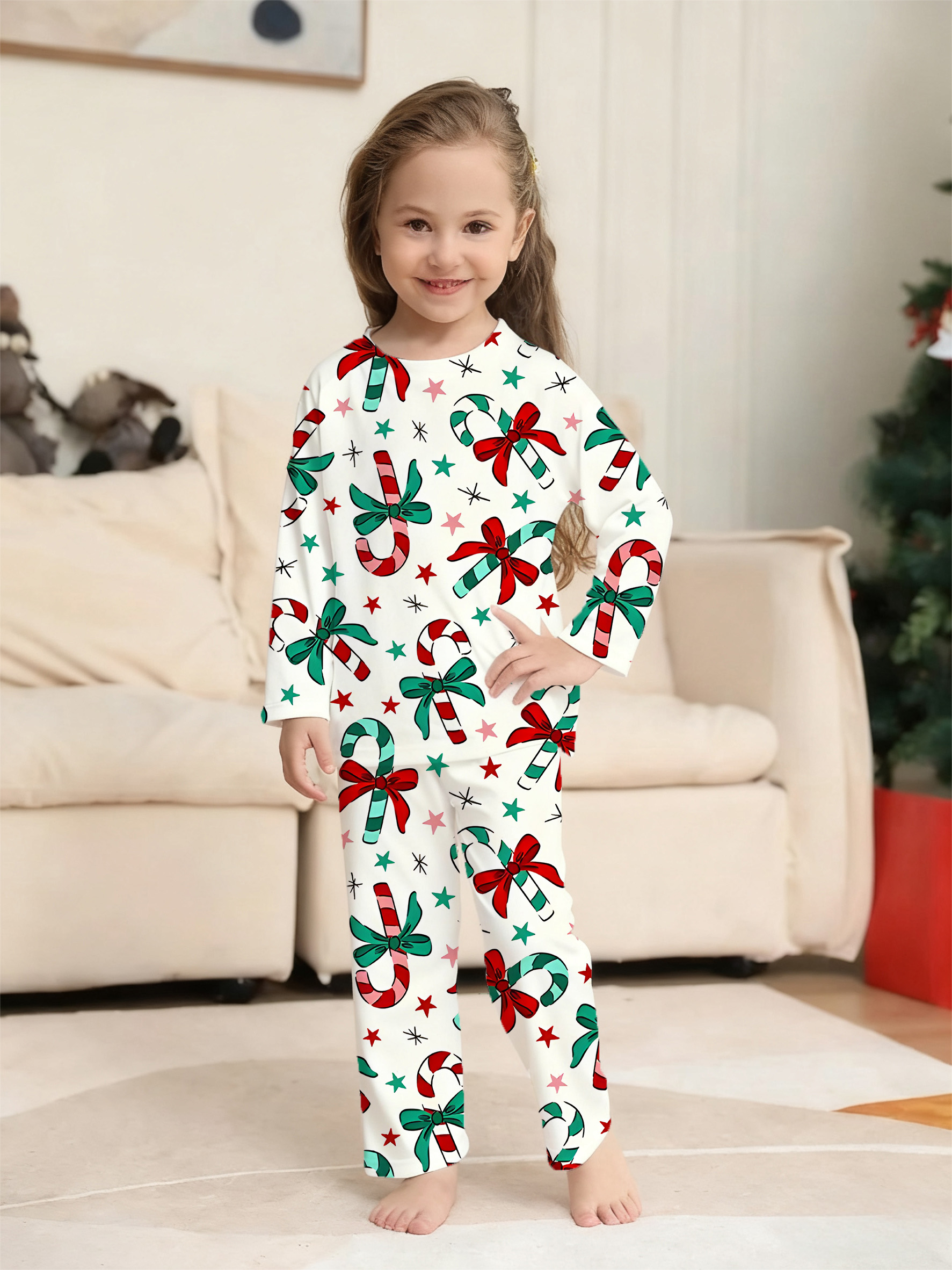 Red and Green Candy Cane Bow Family Matching Pajama Sets