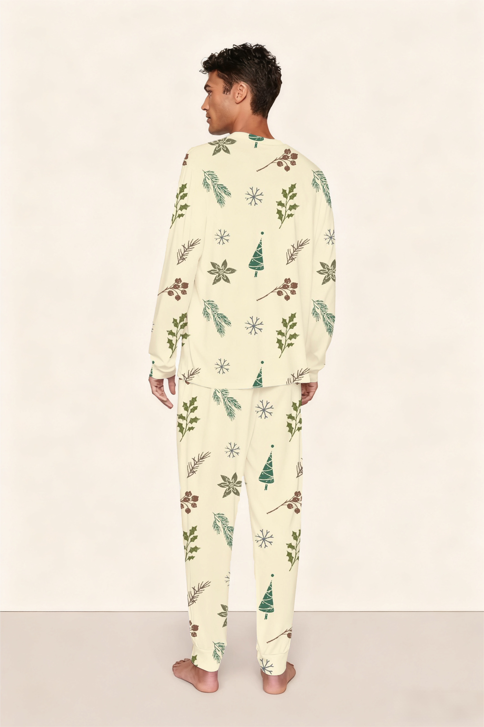 Beige Christmas Colordate Henry Long Sleeve Pants Pajama Set