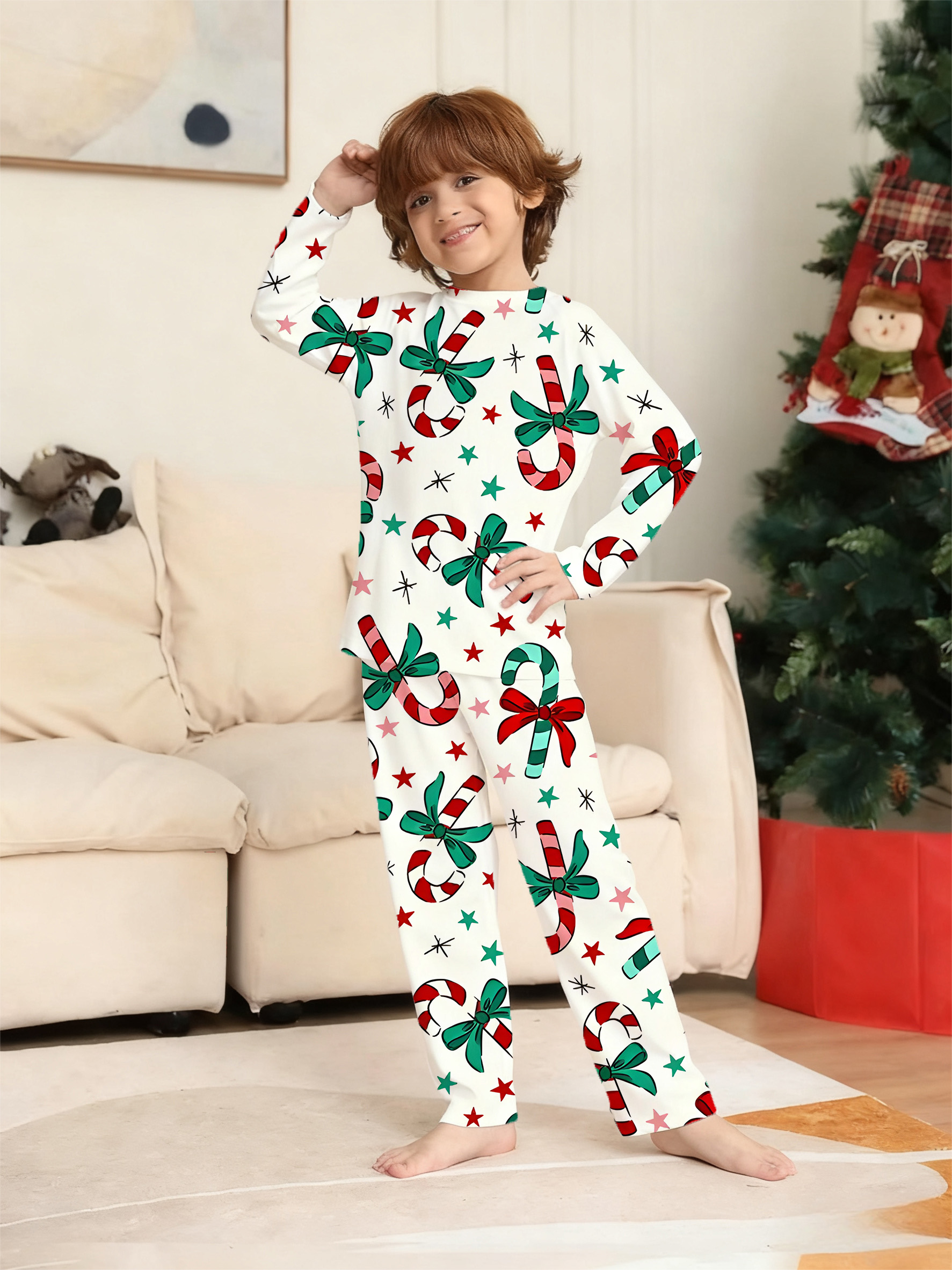 Red and Green Candy Cane Bow Family Matching Pajama Sets