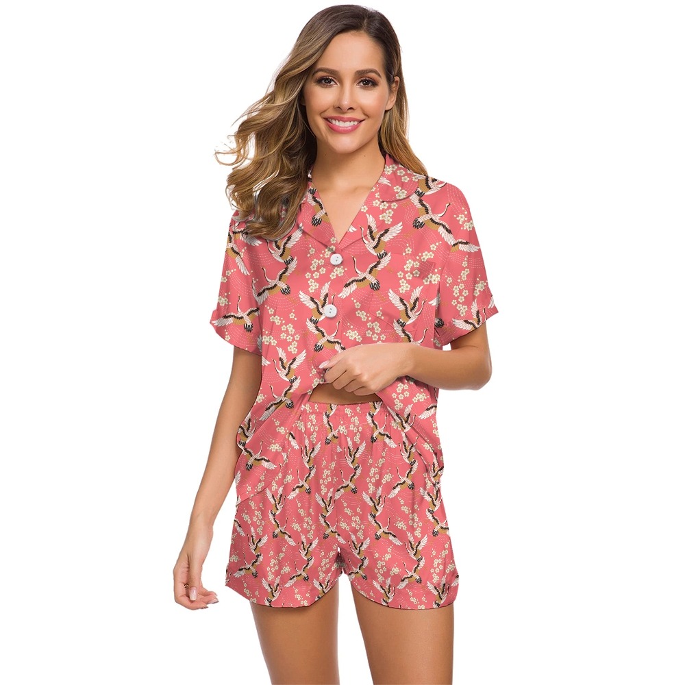 Japanese Crane on Coral Women's Short Sleeve Organic Cotton Pyjama Short Set
