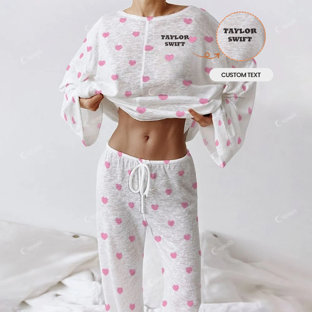 Custom Women's Pink Love Heart Long Sleeve Cotton Homewear Set