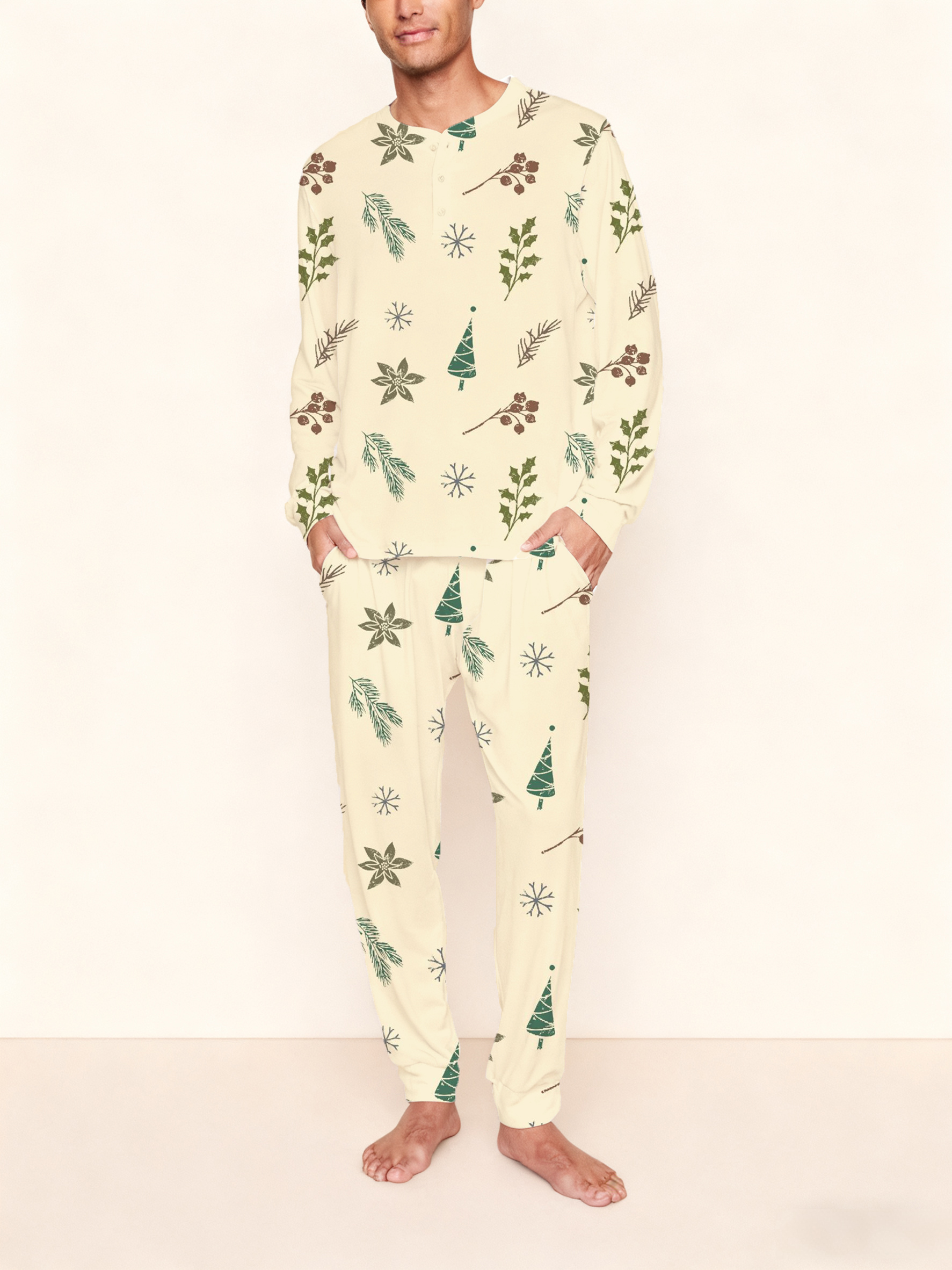 Beige Christmas Colordate Henry Long Sleeve Pants Pajama Set